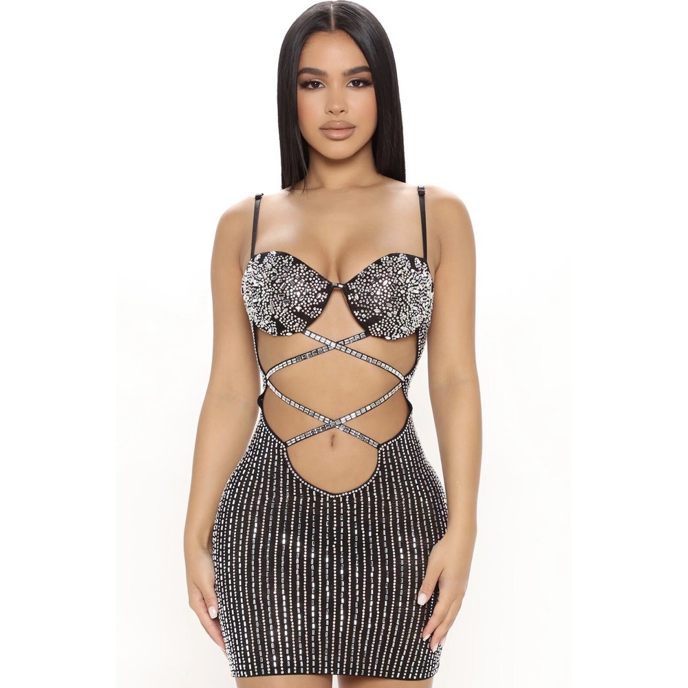 Sexy Crystal Diamonds Embellished Strapless Night party Club Mini Dress SIZE: L